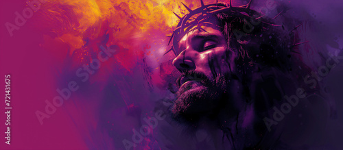 Suffering Christ with a crown of thorns. Purple artwork with halftone effects
