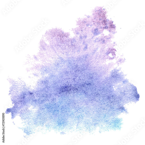 Watercolor abstract blue purple stain, clouds. Isolated hand drawn illustration pastel splashes, blob of ink paint. Template for backdrop, card, packaging, textile and sticker, sales advertising