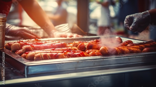 A man is making a purchase of two hot dogs at an outdoor kiosk selling street food with a close up view.