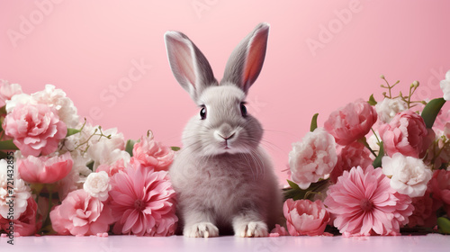 White Easter bunny in a bouquet of soft pink flowers on a pink background. Easter concept. Template for postcard, cover.