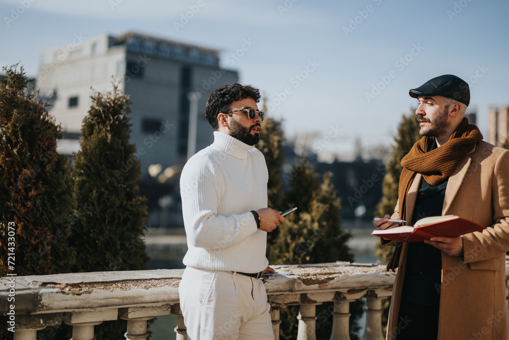Naklejka premium Fashionably dressed men having a serious discussion on a balcony with cityscape in the background. Warm sunlight enhances the friendly atmosphere.