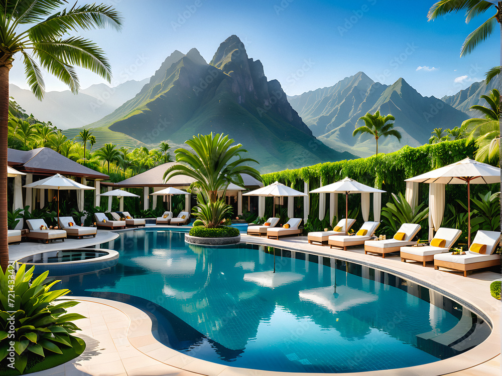Mountain Oasis Retreat: Luxurious Pool Haven Amidst Majestic Landscapes. generative AI