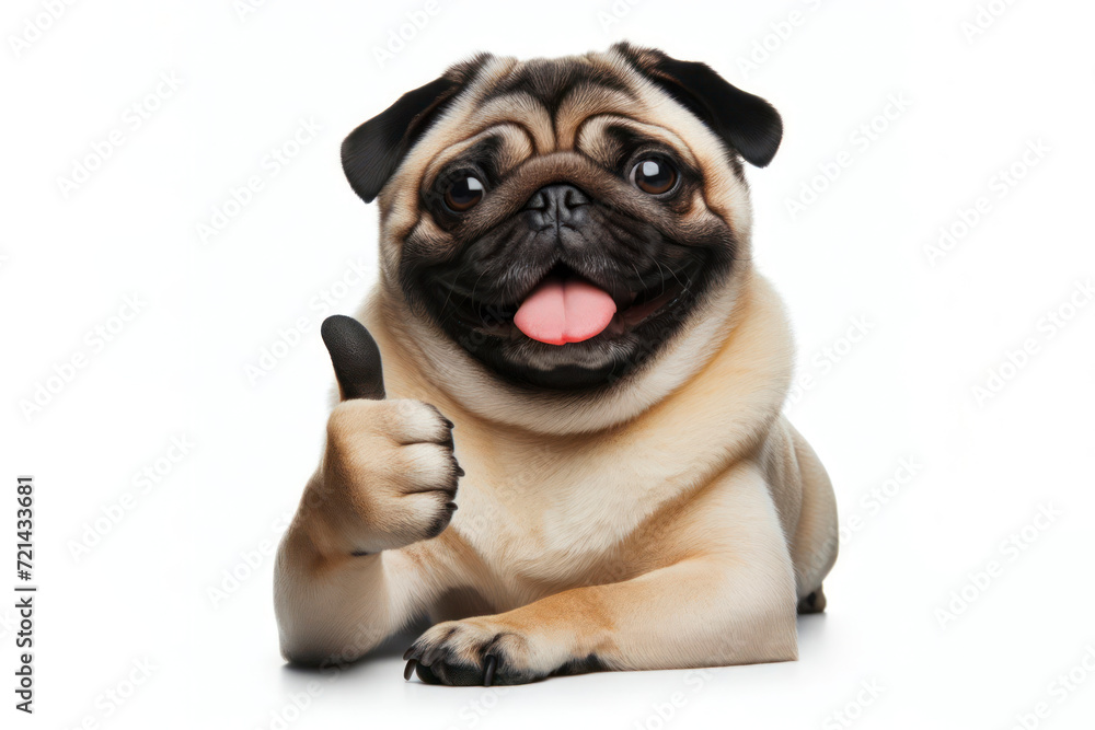 A pug dog giving a thumbs up isolated on solid white background. ai generative