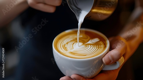 pouring coffee into a cup, a barista preparing a latte, representing the coffee culture and café lifestyle