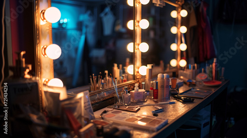 Hollywood style dressing room backstage. mirror, yellow and blue bulb and make up brush on the dressing table.