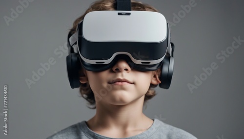 portrait of a children wearing white color virtual reality glasses, isolated grey background 