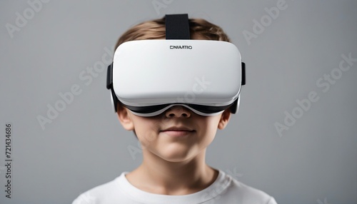 portrait of a children wearing white color virtual reality glasses, isolated grey background 
