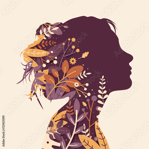 Silhouette d’une jeune femme de profil - Visage et illustration de fleurs - Décoration pour la journée internationale des droits des femmes - Design moderne éditable - 8 mars - Cause sociale 