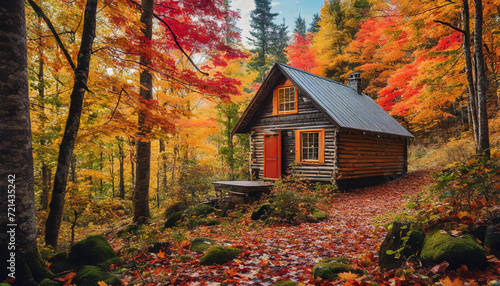 Wooden house in the forest. The trees are in autumn colors.