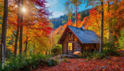 Wooden house in the forest. The trees are in autumn colors.