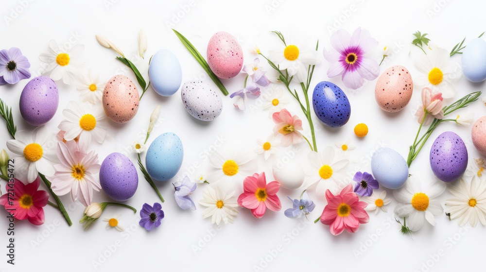 Spring composition of painted Easter eggs and first spring flowers on a white background. Easter eggs and flowers on a white background. Flat lay, top view.