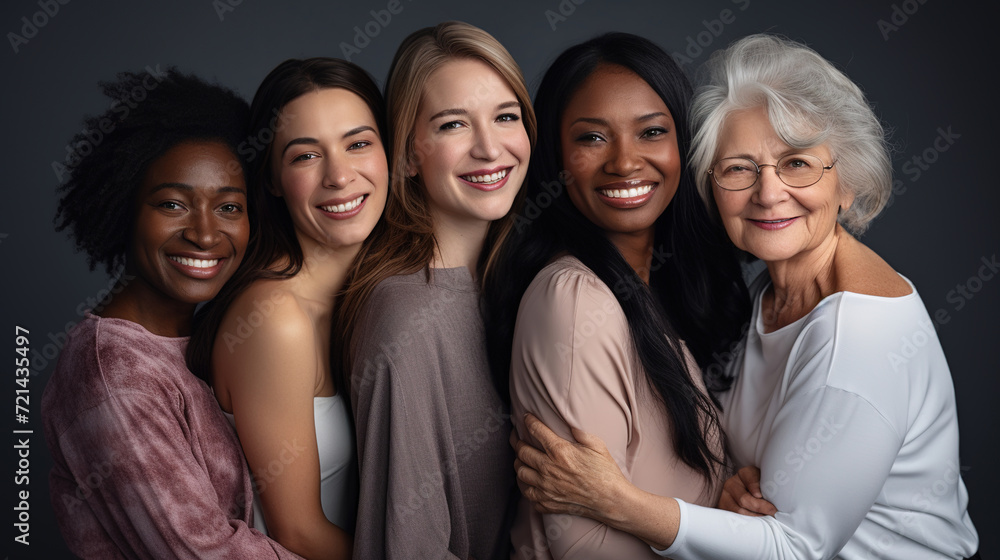 Five happy women of different races and ages pose together in the studio on a gray background. Multiethnic group of diverse women Five happy women of different races and ages pose together in the studio on a gray background. Multiethnic group of diverse women