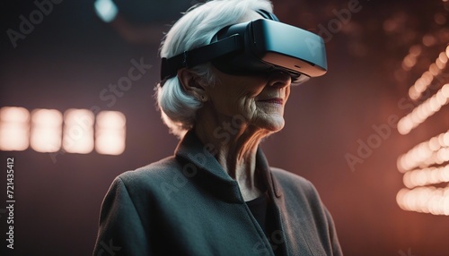 portrait of a grey haired old woman wearing virtual reality glasses in a technological room

 photo