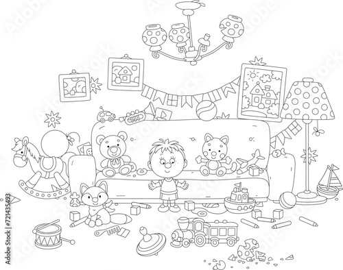 Funny little boy going to clear his room after fun and noisy games with friends and toys while parents are at work, black and white vector cartoon illustration for a coloring book