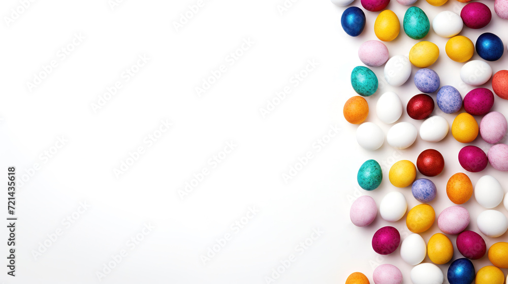 Colorful Easter eggs on white background with copy space for text. Easter eggs on White , flat lay, top view, studio shot. Colorful Easter eggs on white background with copy space for text. Easter eggs on White , flat lay, top view, studio shot.