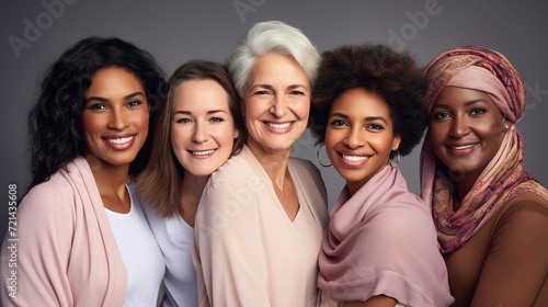 Five happy women of different races and ages pose together in the studio on a gray background. Multiethnic group of diverse women