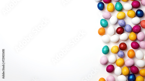 Colorful Easter eggs on white background with copy space for text. Easter eggs on White , flat lay, top view, studio shot.