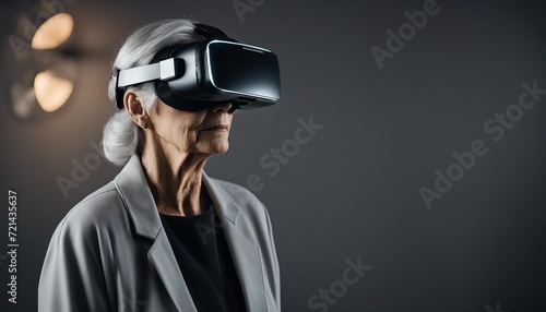 portrait of a grey haired old woman wearing virtual reality glasses in a technological room

 photo