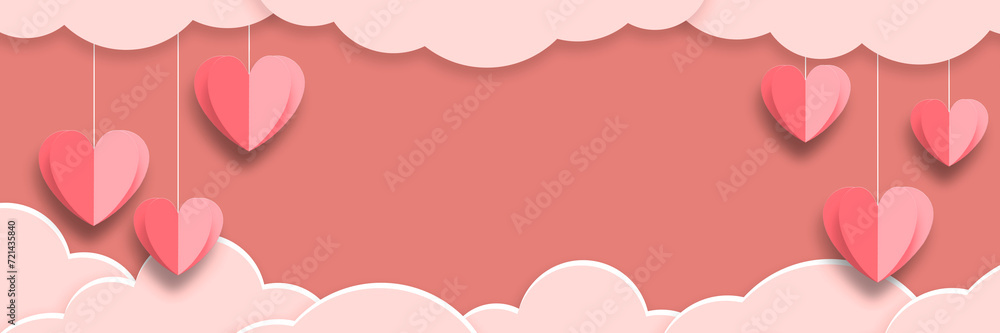 Pink background with red hearts and clouds. Concept, banner, mockup, template, Valentine's Day. Copy space.