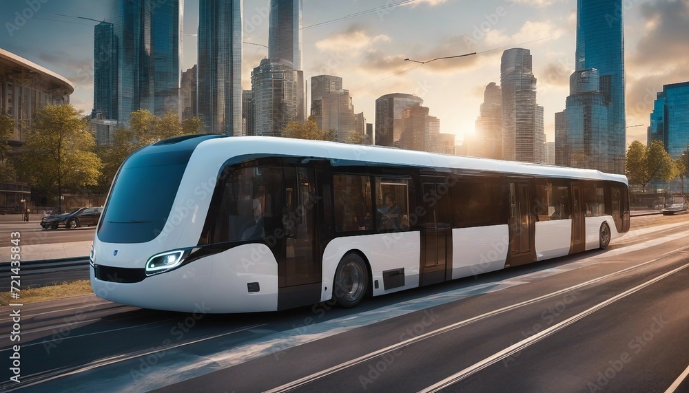 AI-Controlled Public Transit, a futuristic, AI-controlled public transit vehicle in a smart city