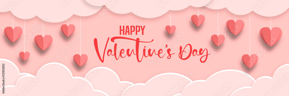 Pink background with red hearts and clouds. Concept, banner, mockup, template, Valentine's Day. Copy space.