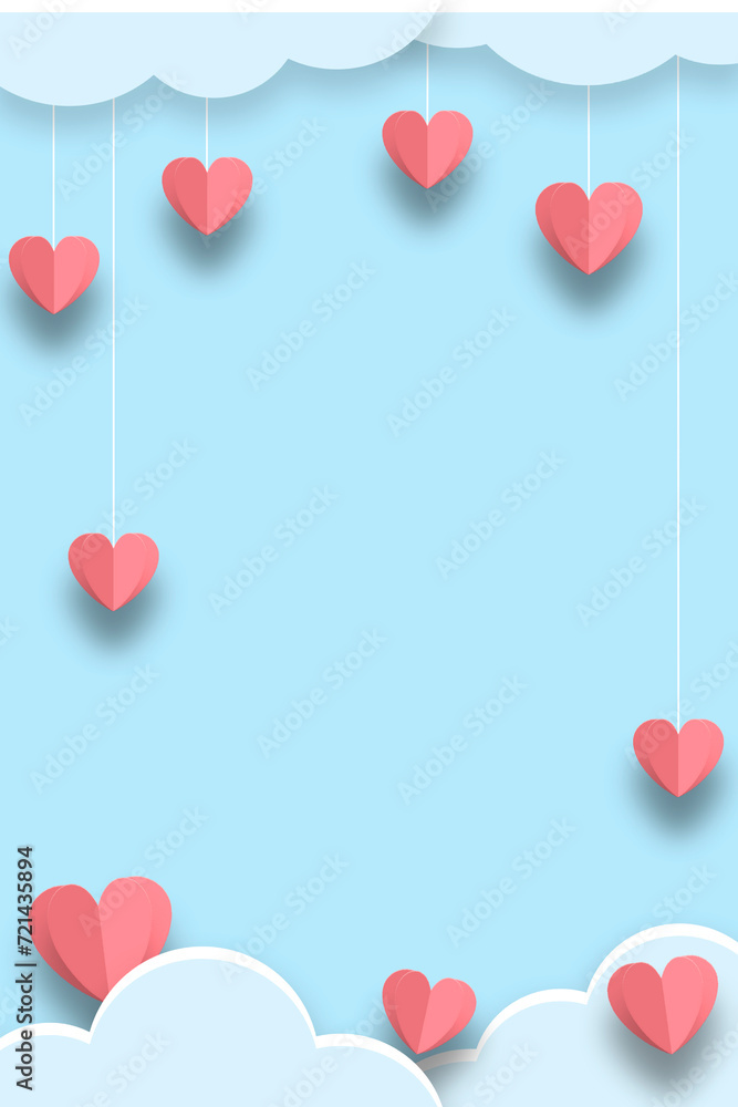 Blue background with red hearts and clouds. Concept, banner, mockup, template, Valentine's Day. Copy space.