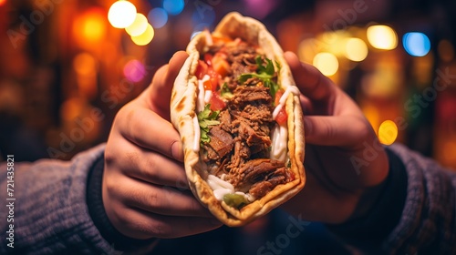 A street food vendor is holding food with their hands. photo