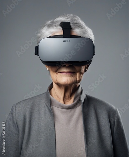 portrait of a grey-haired old woman wearing virtual reality glasses, isolated grey background
