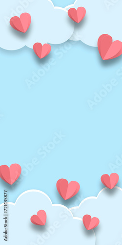 Blue background with red hearts and clouds. Concept, banner, mockup, template, Valentine's Day. Copy space. © Plutmaverick