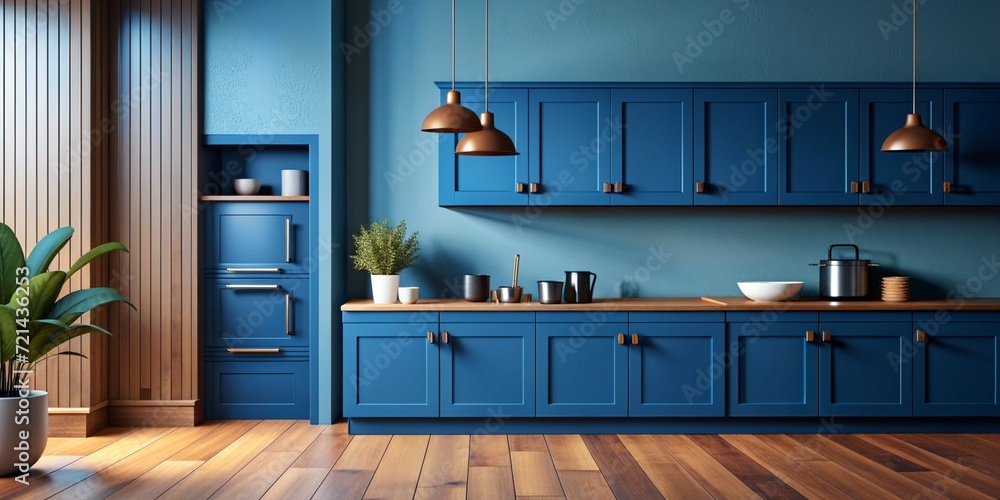 Mockup Dark Blue wall in kitchen and minimalist interior design. Open space kitchen concept. 3d rendering - obrazy, fototapety, plakaty 