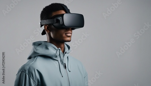 portrait of a student wearing virtual reality glasses, isolated grey background  © abu