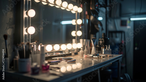 superstar style dressing room backstage. mirror, yellow bulb and make up brush on the dressing table. photo