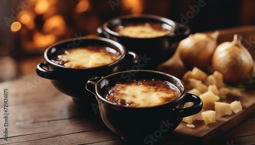 Classic French Onion Soup, a steaming bowl of French onion soup with melted cheese, set in a cozy