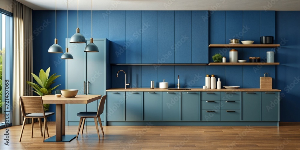 Mockup Dark Blue wall in kitchen and minimalist interior design. Open space kitchen concept. 3d rendering Mockup Dark Blue wall in kitchen and minimalist interior design. Open space kitchen concept. 3d rendering