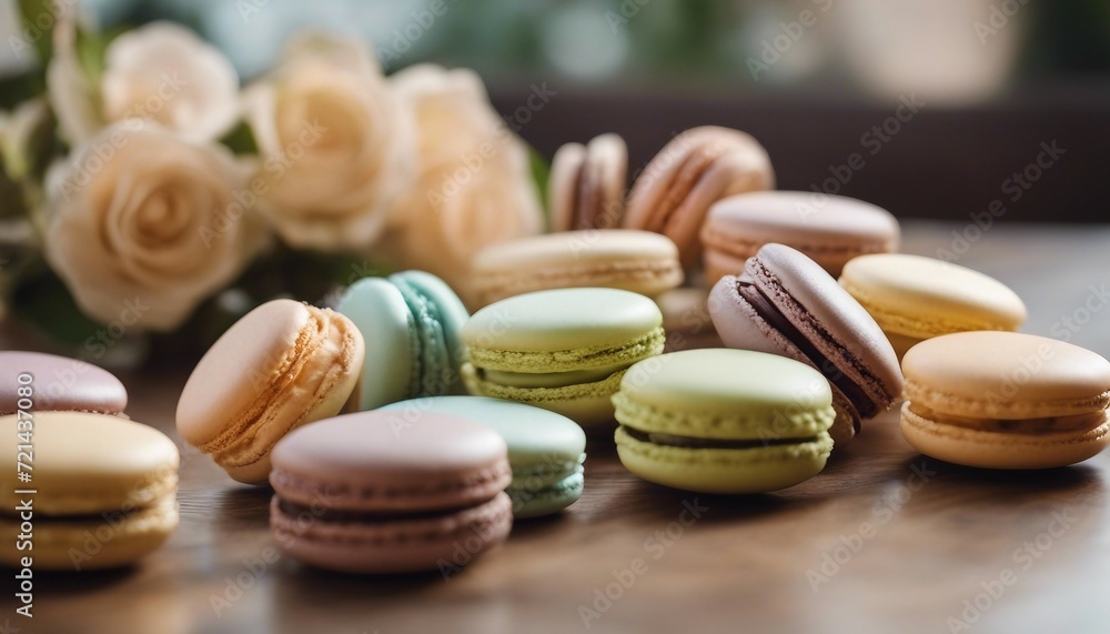 Elegant French Macarons, a selection of pastel-colored French macarons, arranged delicately Elegant French Macarons, a selection of pastel-colored French macarons, arranged delicately