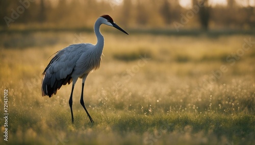 Dancing Crane in a Meadow, a crane dancing in a meadow, its graceful movements and striking