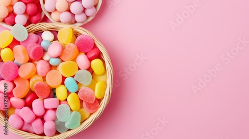 A view from top to bottom of various colorful candies inside small baskets on a pink sweet sugar confection.
