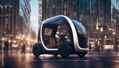 Electric Urban Pod, a compact electric urban pod navigating through a smart city