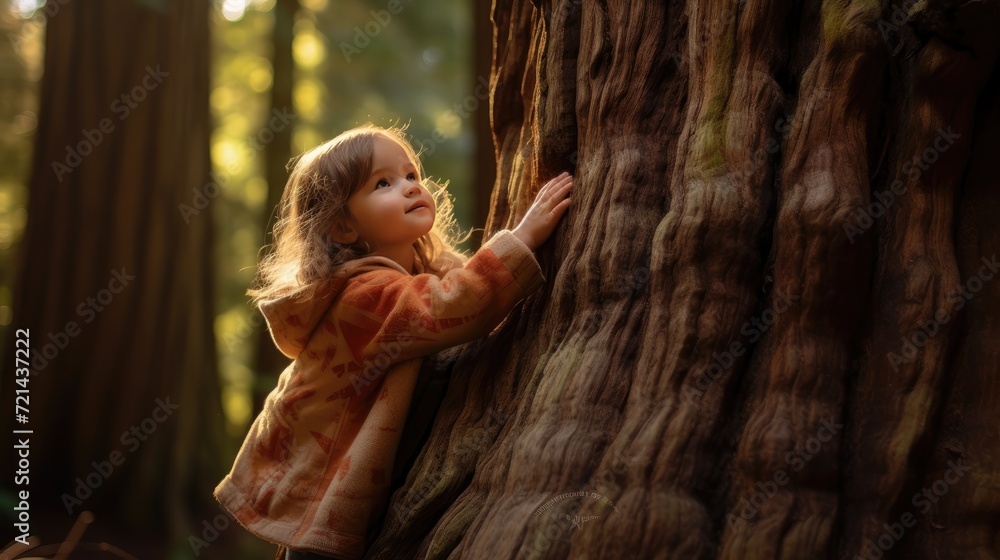 Nature's embrace! Capture the side view of a cute little girl hugging an old tree trunk