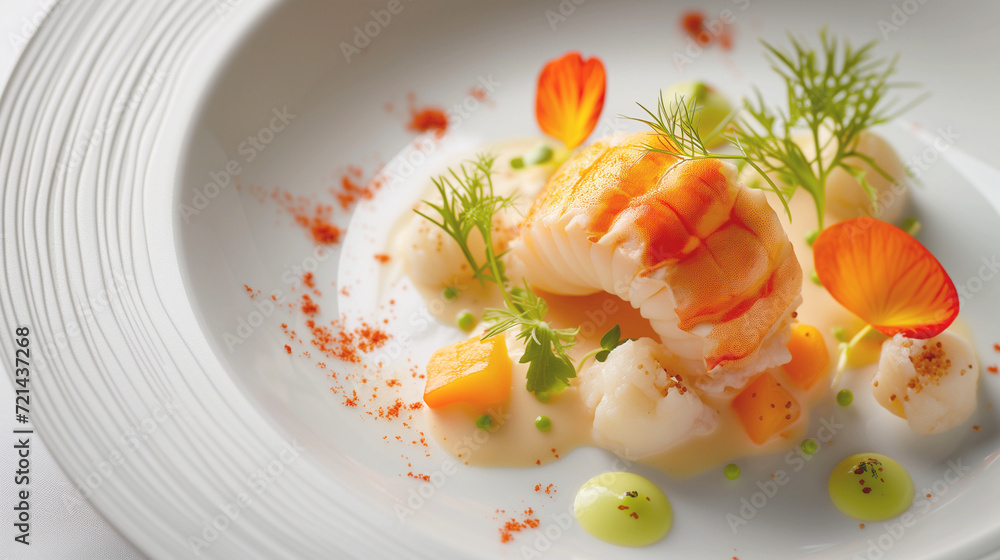 Elegant seafood dish beautifully presented on a white plate with orange and green garnishes, embodying fine dining and culinary art Elegant seafood dish beautifully presented on a white plate with orange and green garnishes, embodying fine dining and culinary art