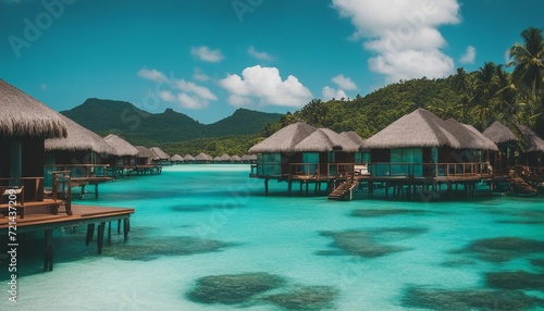 Exotic Overwater Bungalows  a row of exclusive overwater bungalows in a turquoise lagoon