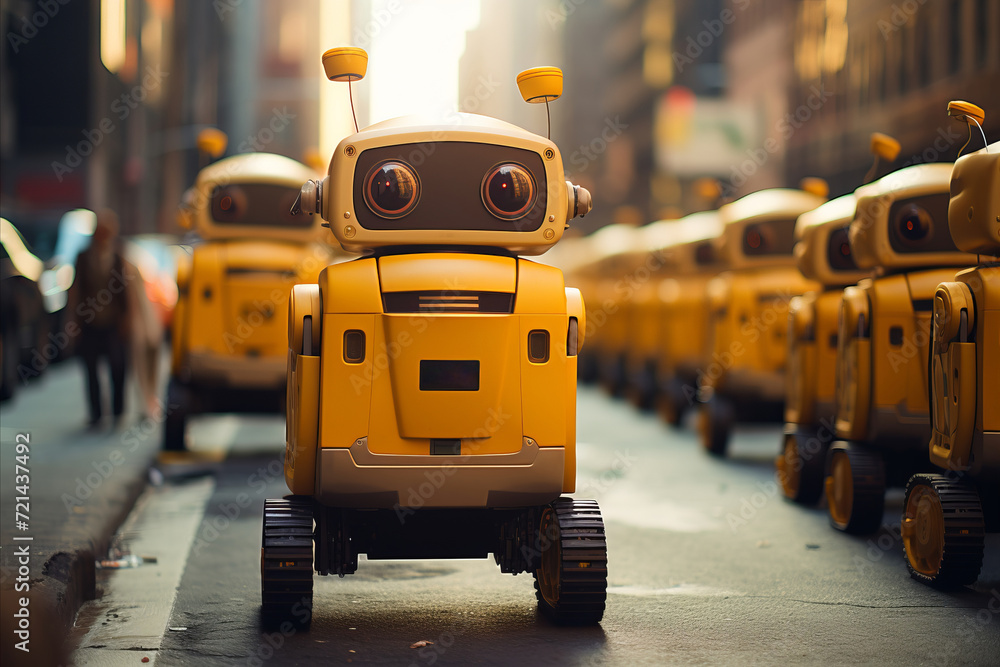 Hi-tech Autonomous Robots Efficiently Transporting Packages in Futuristic Metropolitan Area.