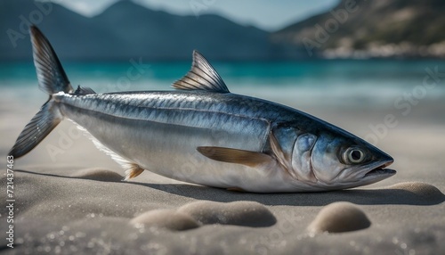 Fresh Mackerel Fish, whole mackerel with its silvery skin, set against a cool, ocean-inspired