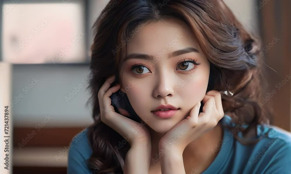 Playful Serenity: Korean Beauty in Soft Light and Wavy Tresses Playful Serenity: Korean Beauty in Soft Light and Wavy Tresses