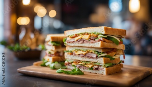 Gourmet Club Sandwich, a towering club sandwich filled with layers of meat, cheese