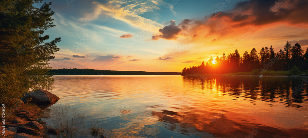 A colorful summer sunset over a calm lake, AI Generative.