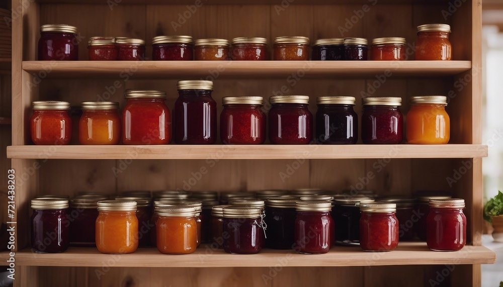 Homemade Jam Array, an assortment of homemade jam jars, the colors of strawberry, blueberry