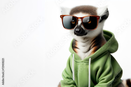 lemur dressed in a sweatshirt and sunglasses, isolated on white background. ai generative © Igor