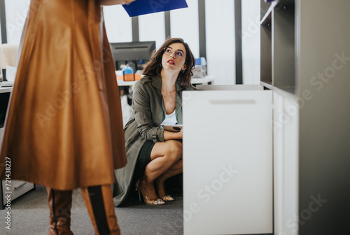 Professional woman in conversation with colleague in office setting, expressing curiosity or concern.