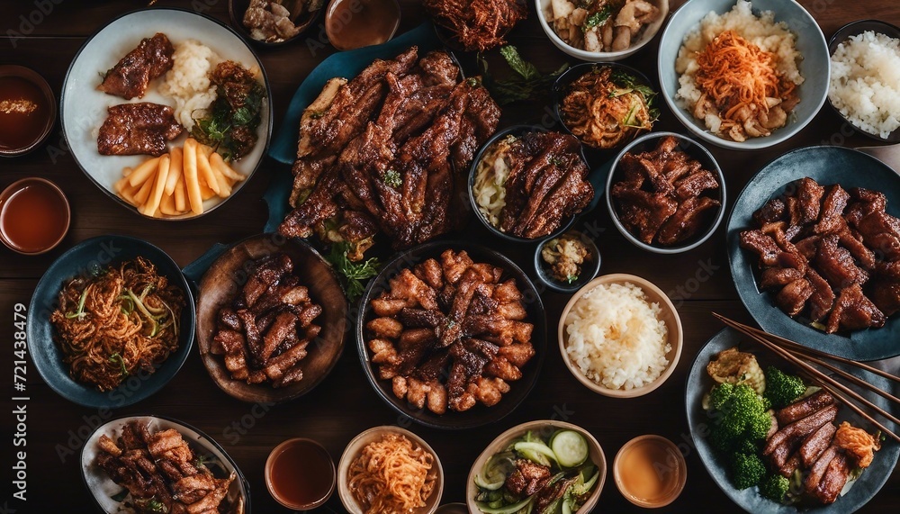 Korean BBQ Spread, a vibrant spread of Korean BBQ meats and sides, set